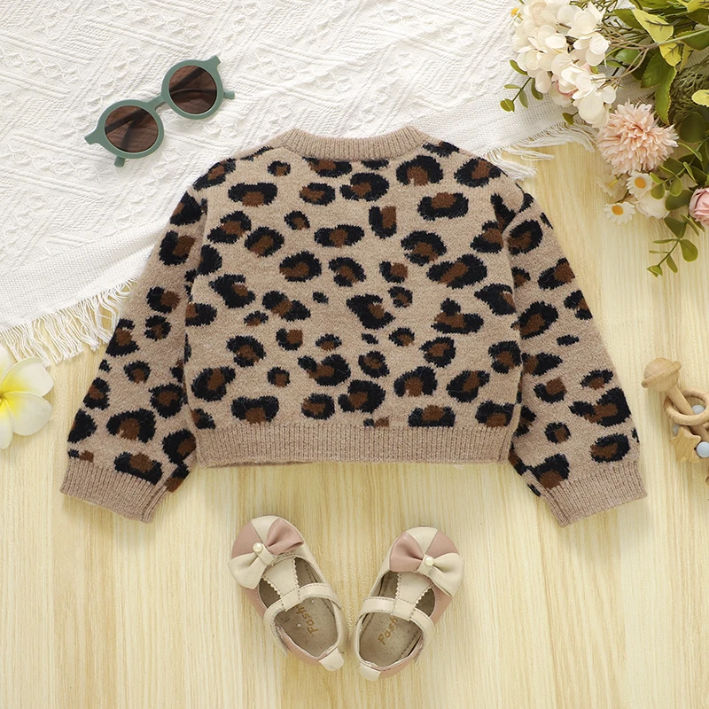 Retro Leopard Print Sweater Cardigan for Babies and Toddlers, Cute Little Kids' Outerwear Top, Round Neck Knit Jacket with Bow