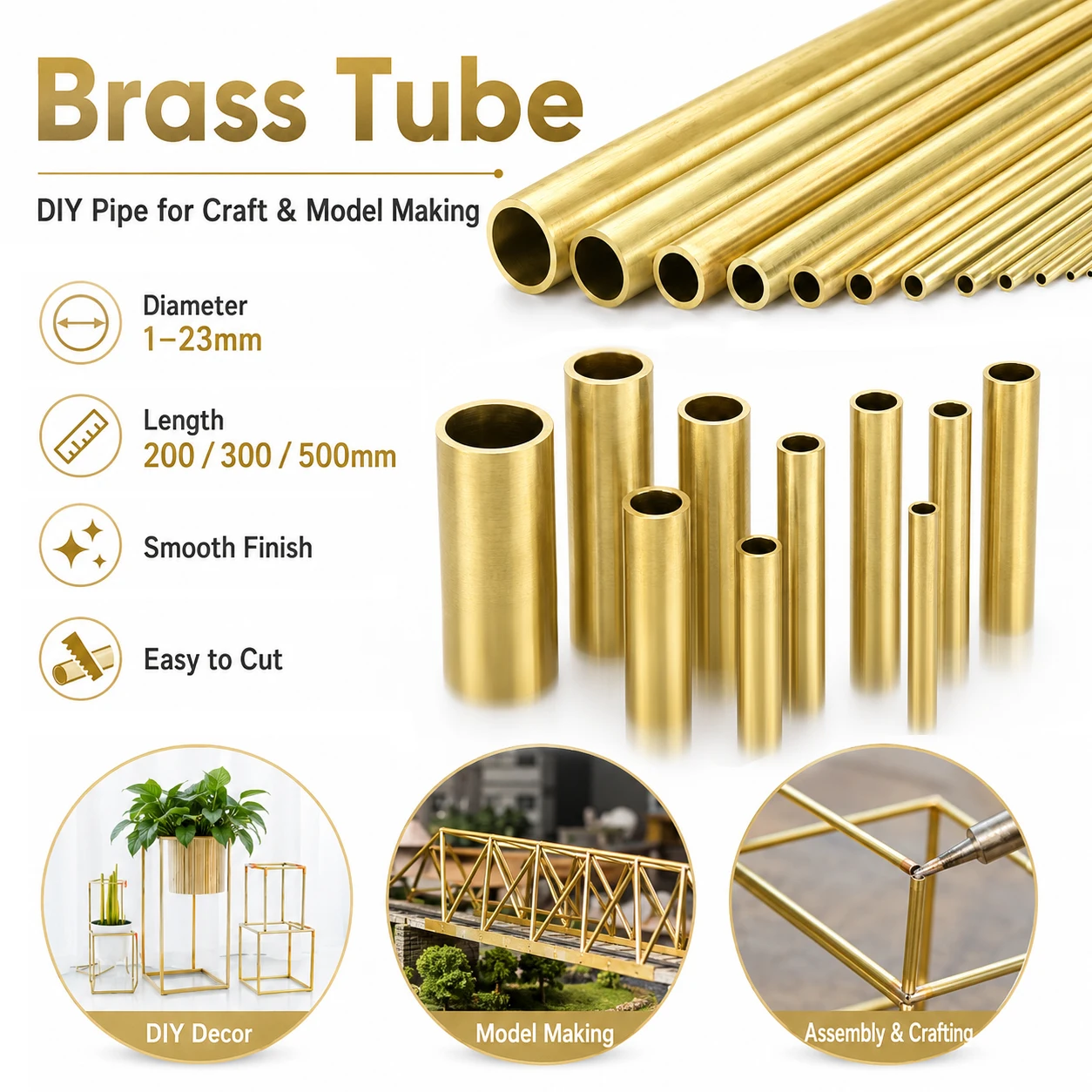 1/5Pcs Brass Tube Round Pipe, 1-23mm Diameter 200/300/500mm Length Seamless Hollow Metal Tubing for DIY Model Making Craft