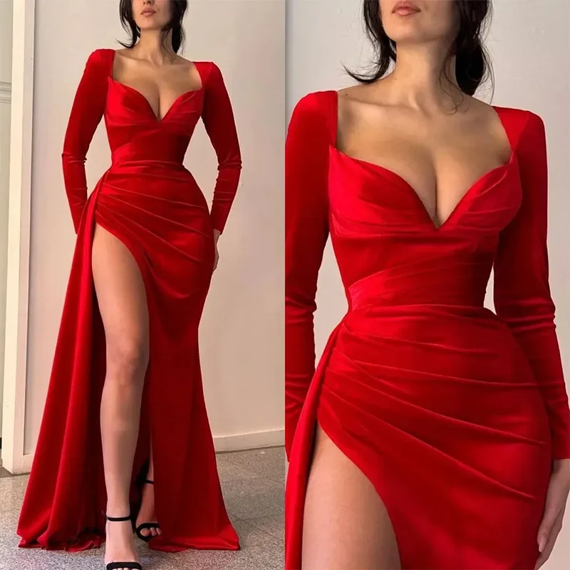 Sexy Red Mermaid Prom Dress, V-Neck, Simple Long Sleeves, Split Pleats, Backless, Evening Dresses, Special Occasions, 2024