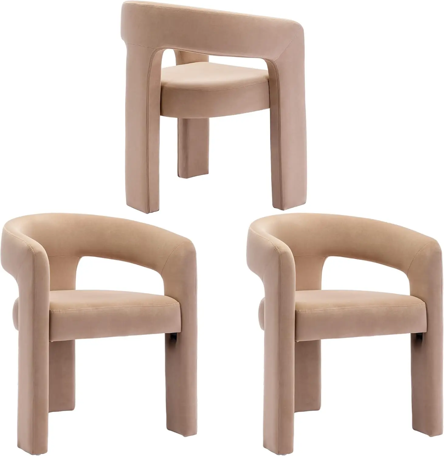 Velvet Modern Dining Chairs Set of 3 Upholstered Barrel Dining Chair Assembled Accent Armchairs Living Room Khaki