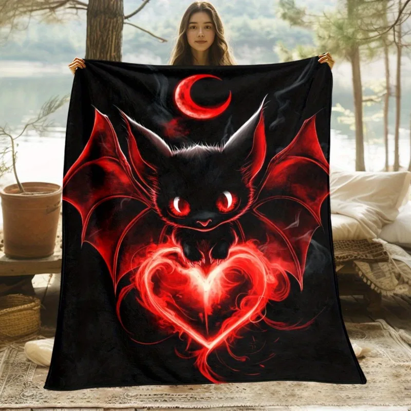 1pc Gothic Bat & Heart Throw Blanket - Black & Red Vampire Design - Soft Lightweight Flannel All-Season Bedspread for Couch