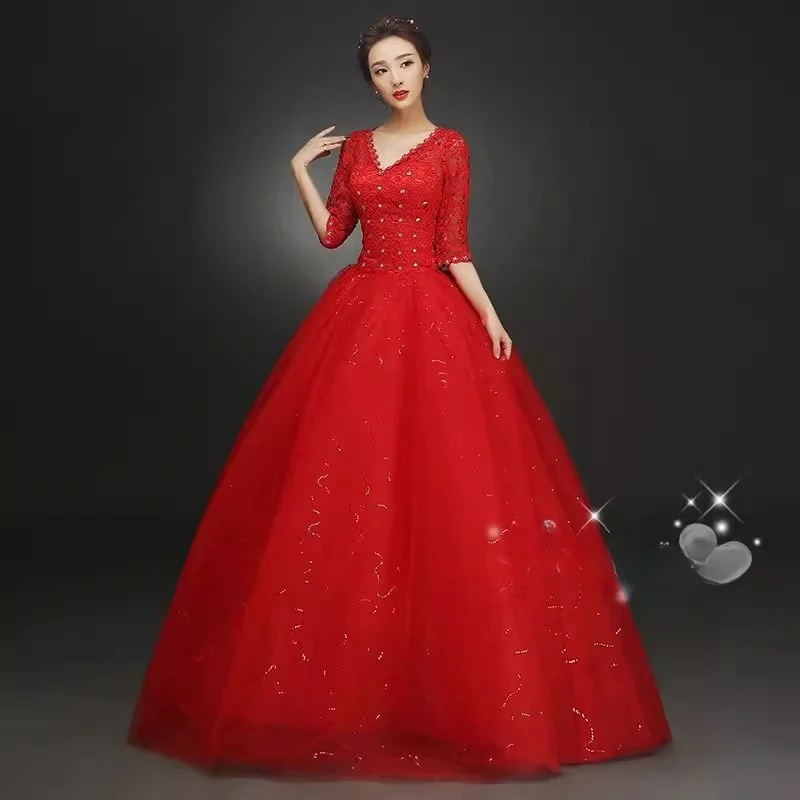 It\'s Yiiya Red Wedding Dresses Lace Crystal V-neck Half Sleeves Sequins Bling Princess Floor-length Plus size Bride Ball Gowns