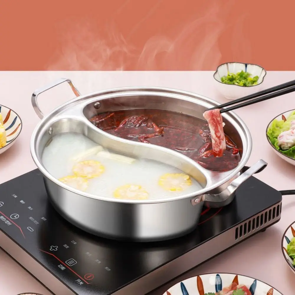 

Stainless Steel Divided Hot Pot with Glass Lid Thicken Chinese Soup Hotpot Binaural Handle Rust-proof Yuanyang Pot Commercial