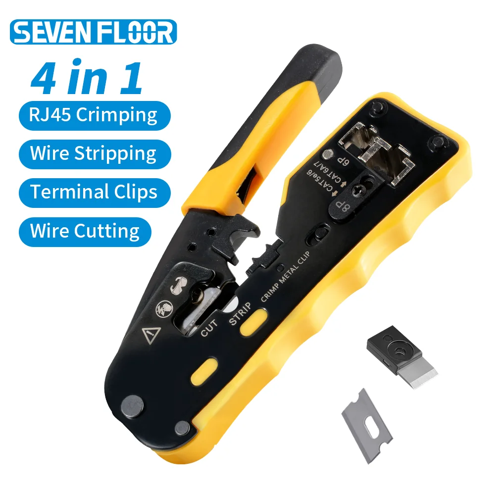 Durchgangs-RJ45-Crimpzange für Cat7/6a/6/5e Ethernet RJ11 RJ12 Modularstecker, Multifunktions-Kabelschneider mit Ersatzklingen