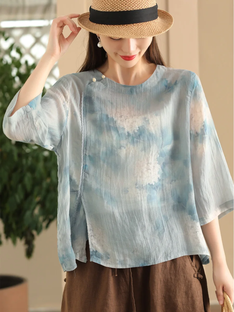 

Летний топ в стиле ретро для женщин: льняной, тонкий, с принтом, на пуговицах, свободного кроя, для повседневной носки