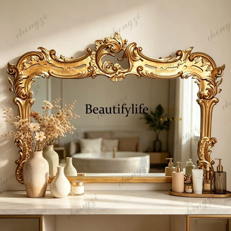 French engraved bathroom mirror American special-shaped makeup mirror living room entrance retro decorative mirror
