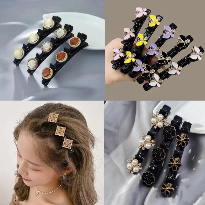 Sparkling Crystal Stone Braided Hair Clips Women Girls Double Bangs Braided Barrettes Hairpins Headwear Hair Styling Accessories