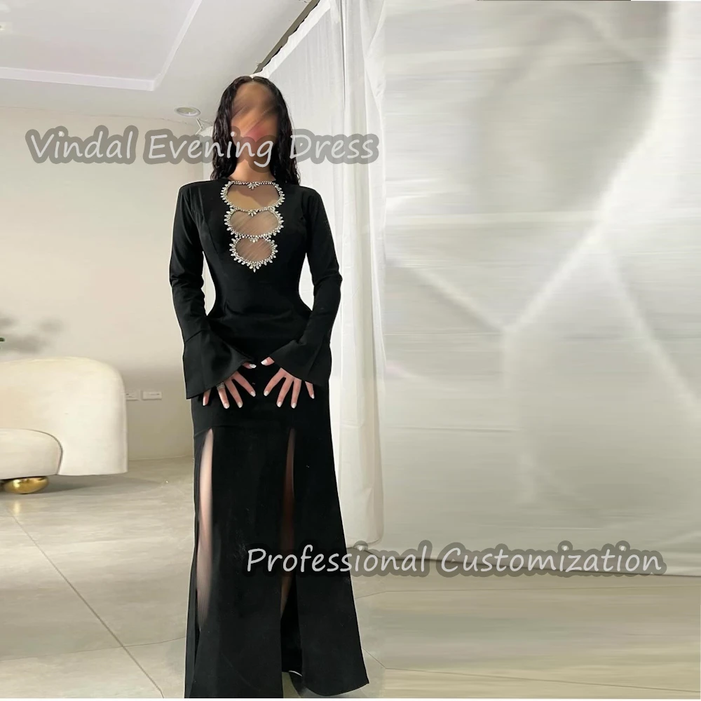 

Vindal Prom Party Dress O-Neck Beaded Floor Length Sexy luxurious Crepe A-Line Elegant Long Sleeves Saudi Arabia For Woman 2024