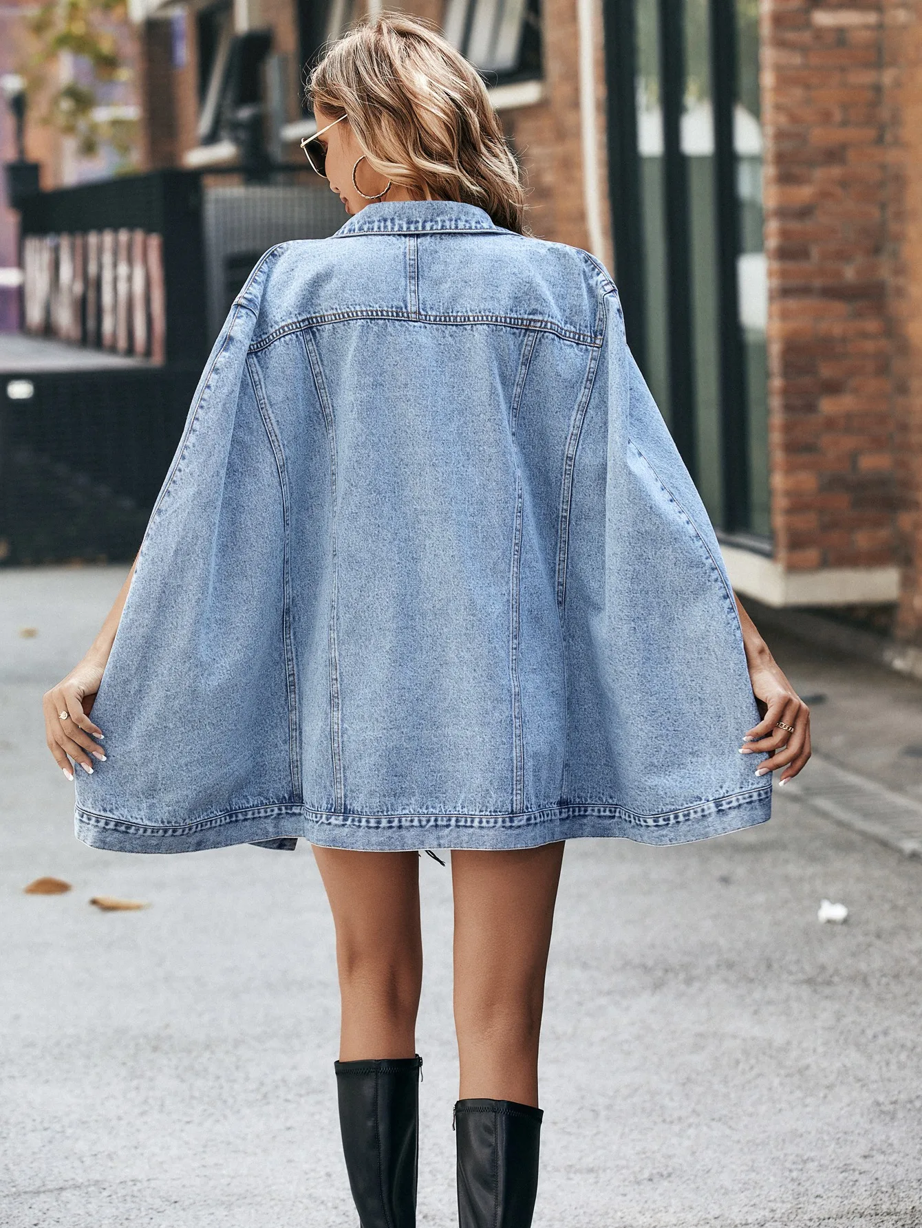 LW 2023 Autumn Fashion Women Hollow Out Single Breasted Cape Denim Coat Turndown Collar Pocket Design Vintage Loose Jean Jacket