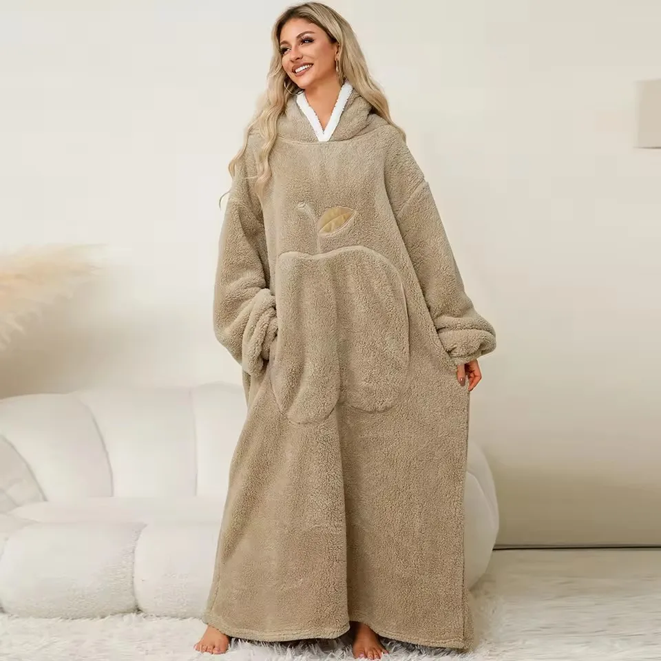 Extra Long Wearable Blankets Winter Flannel Hooded Blanket with Full Sleeves Men Women Cozy Soft Throw Adult TV Blanket