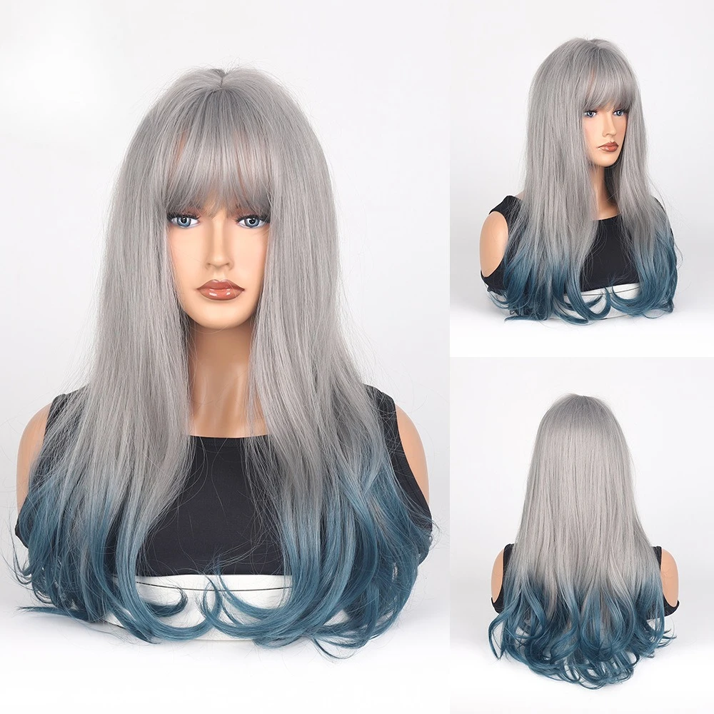 

Новый японский окрашенный длинный вьющийся парик, серый постепенный смена тумана, синий парик, головной убор