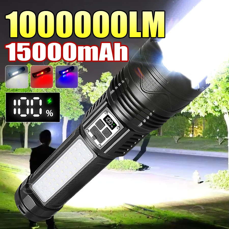 

Ultra Powerful LED Flashlight Super Bright Long Shot Tactical Light Rechargeable Built-in 15000mAh Torch Fishing Hunting Lantern