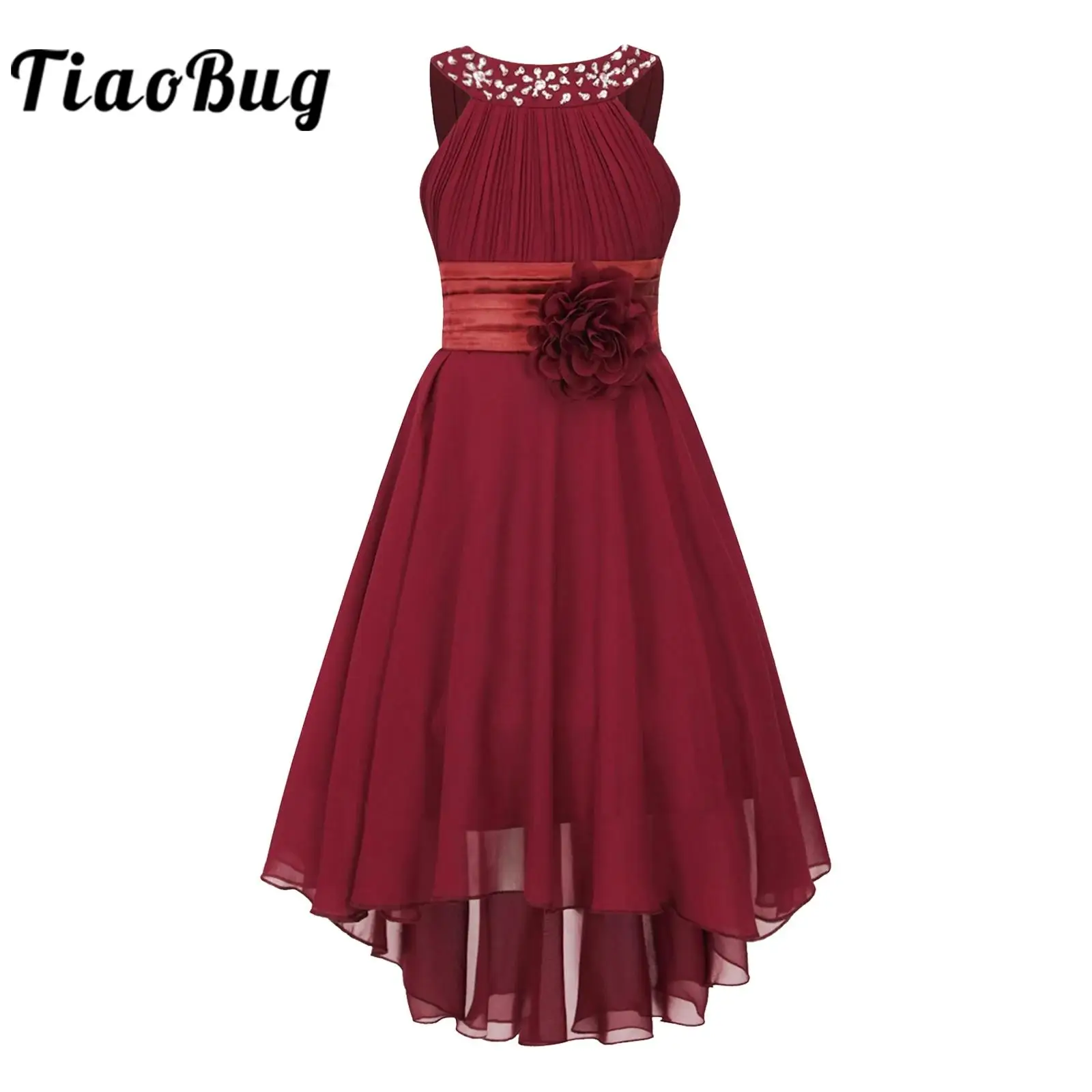 Blumen mädchen Kleid glänzend Hi-Lo Ballkleid elegantes Mädchen Chiffon Kleid ärmellose heilige Kommunion Kleider Kinder Hochzeit Party Kleid