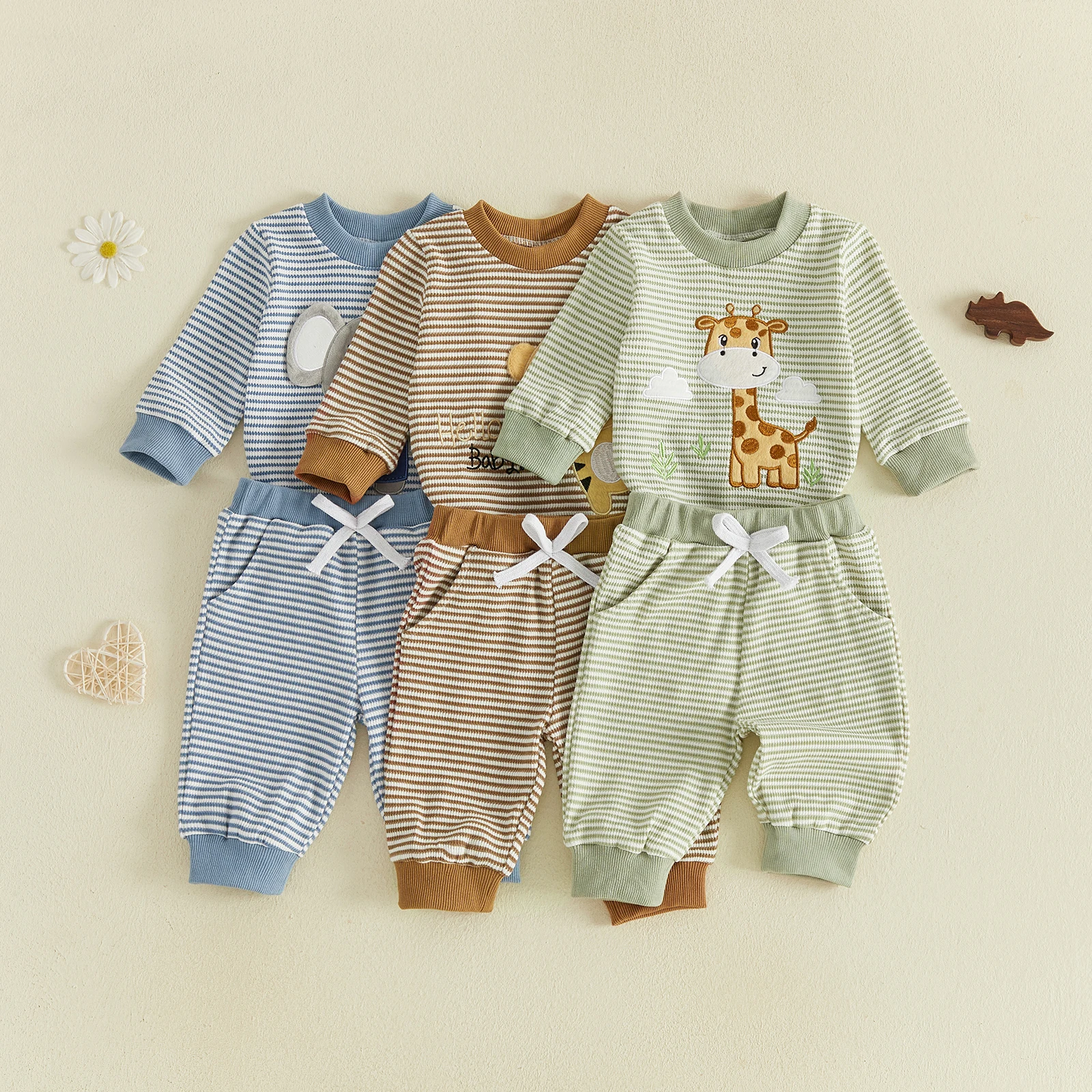 Baby Boy Fall Outfit Animal Embroidery Crew Neck Long Sleeve Romper & Pants Boys Clothes Set 2PCS
