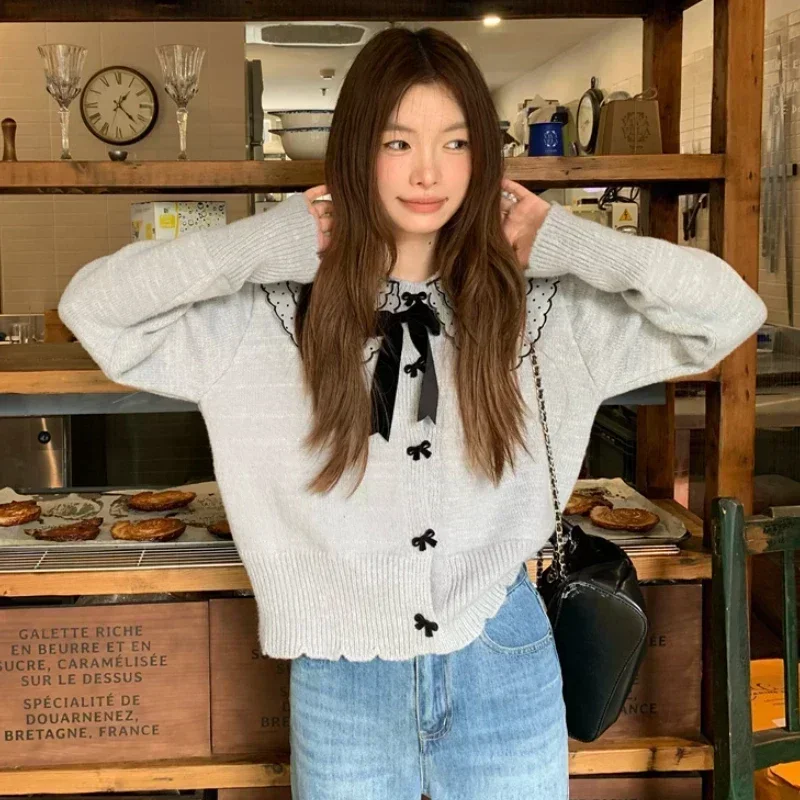 Peter Pan Kragen Strickjacke Frauen Süße Baggy Weiche Schleife Pullover Zarte Ulzzang Mode Casual Outwear Studenten Krono SEMди Ж Diego