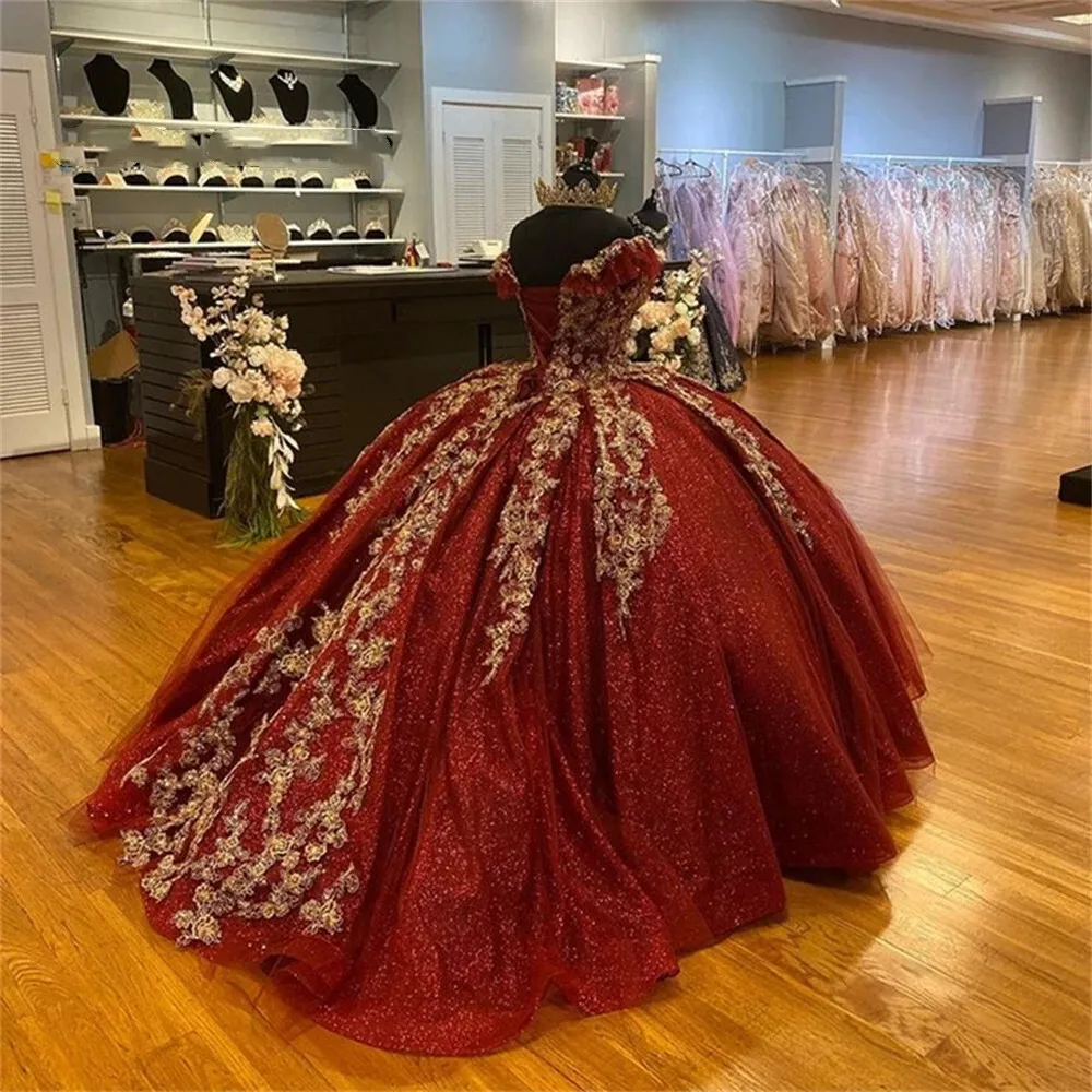 

Dark Red Sequin Ball Gown Quinceanera Dree With Gold Formal Prom Graduation Lace Up Prince Sweet 15 16 Dre