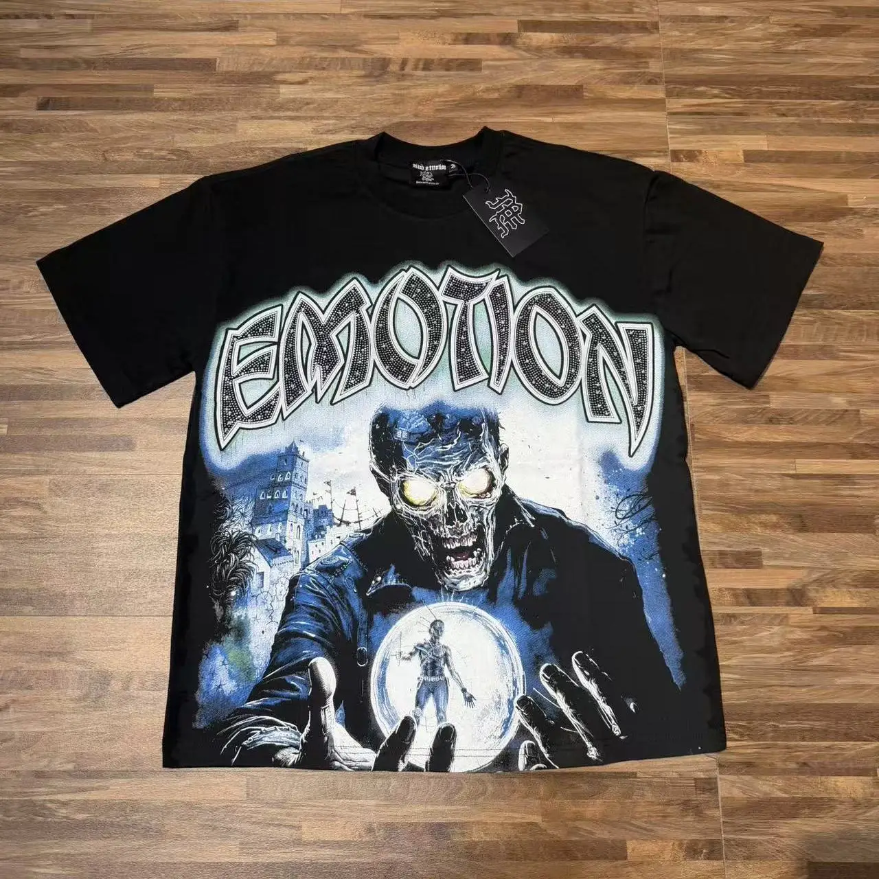 Retro Devil Print Rhinestone round Neck Short Sleeve Pure Cotton T-Shirt American Trendy Brand Mixed Emotion Street Style Cit...