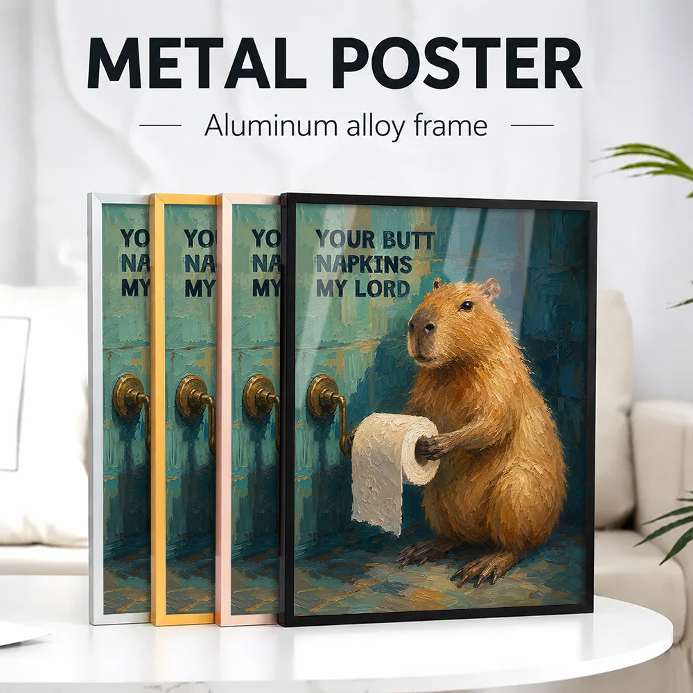 Capybara Holding Toilet Paper Framed Metal Poster Personalized Photo Bold Comedy Style Wall Art For Family Washroom Guest Gift