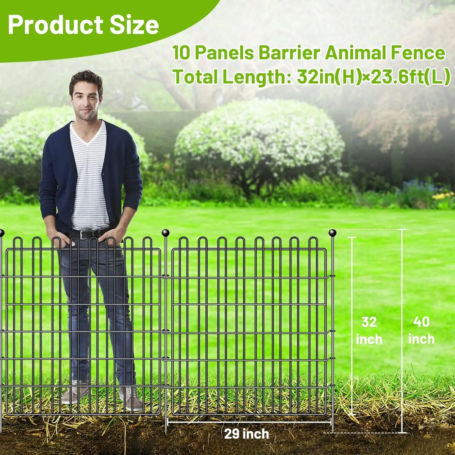 10   Dig Dog Fence Outdoor with Gate for Yard, 40in (H) X 23.6ft (L) Decorative Garden Fence Animal Barrier, Rustproof M