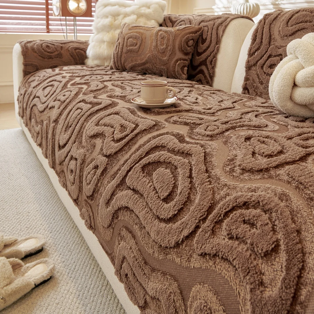 1pc Geometric Lines Jacquard Warm Tuffed Fleece Non-Slip Sofa Cover, Warm Winter Couch Seat Cover Machine Washable Pet Friendly