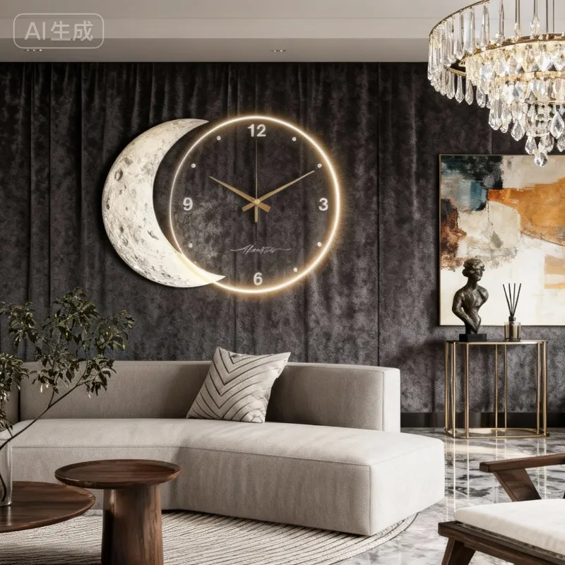 Large Dining Room Living Room Wall Clock Luxury Moon The Earth Modelling LED Light Silent Movement  Bedroom Wall Decoration Gift