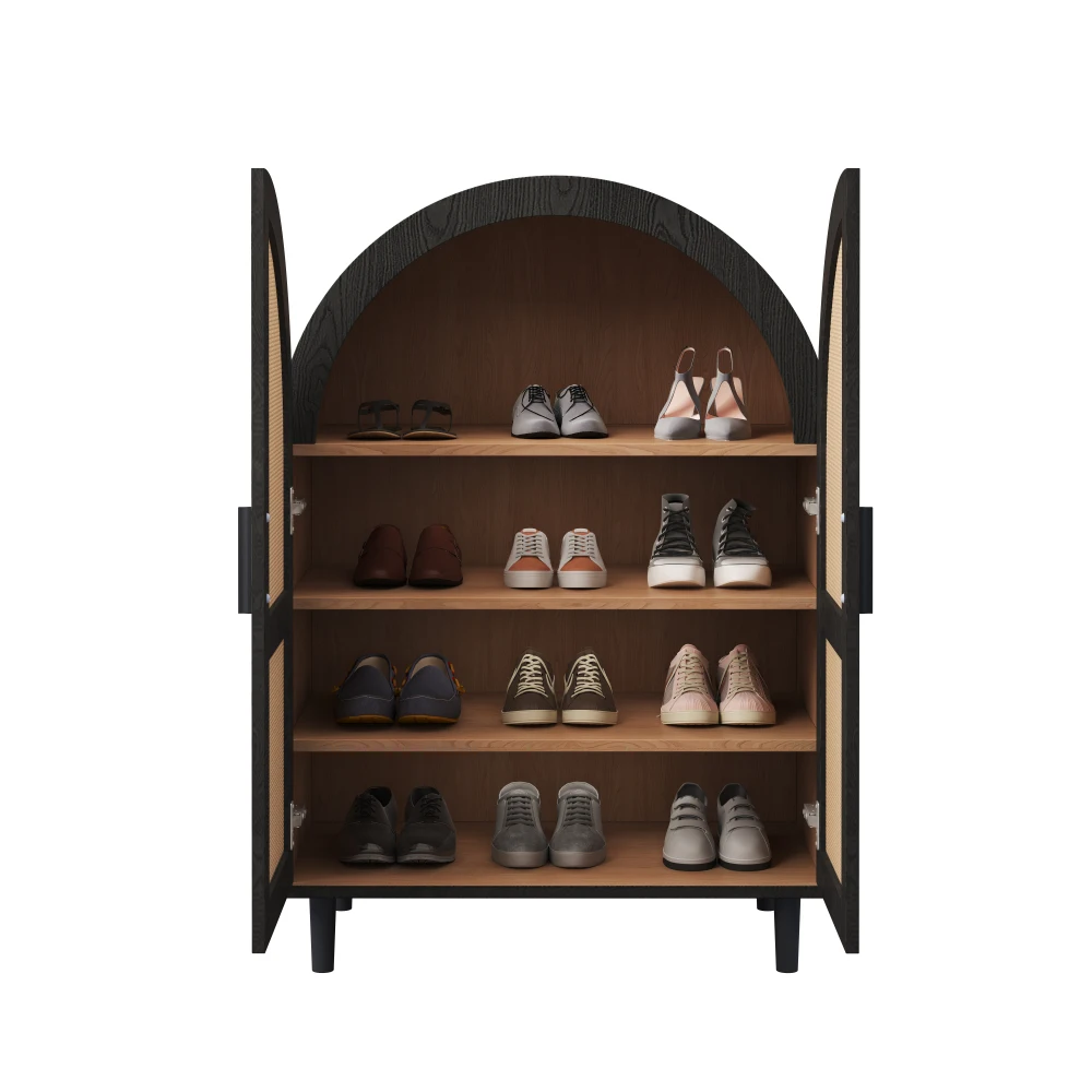 Elegantes Sideboard/Schuhschrank mit abgerundeten Außentüren, gebrochenen Rattan und drei Regalen. – Detail 2