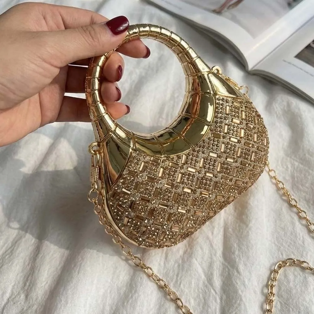Crystal Embellished Crescent Evening Clutch High-shine Finish Detachable Chain Rhinestone Box Purse Magnetic Buckle