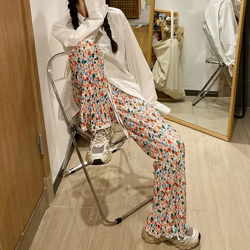 Women's Pleated Floral Wide Leg Pants Retro High Waist Straight Trousers Casual Loose Floor Length Pantalones