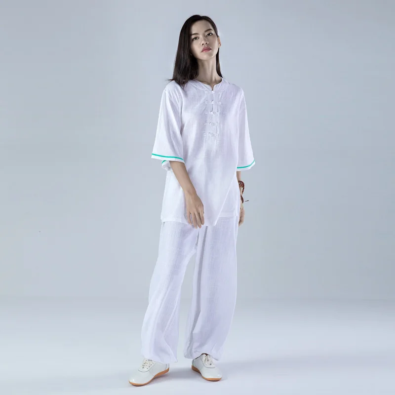 Women Tai Chi Kungfu Uniform Linen Quickly Dry Loose Sweatshirt+pant Jogger Fitness outfit Yoga Casual Meditation Set Activewear