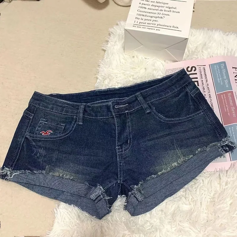 

Deeptown Y2k Blue Low Waist Women Jorts Vintage Washed Embroidery Distressed Straight Denim Shorts American Style Slim Hot Pants