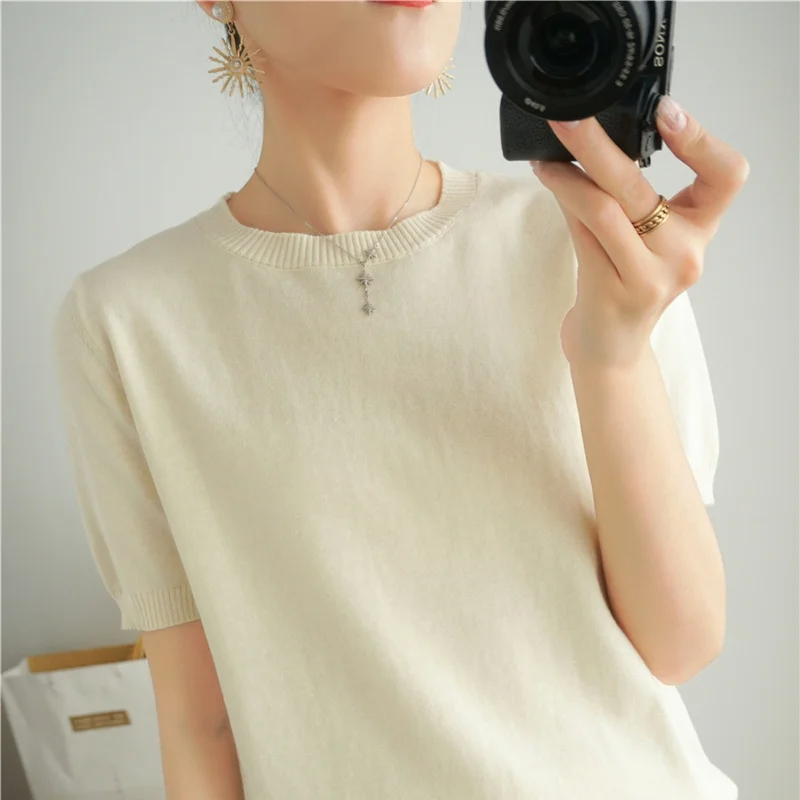 100% cotton short sleeve 2023 summer new women\'s round neck pullover loose solid color top casual fashion women\'s T-shirt