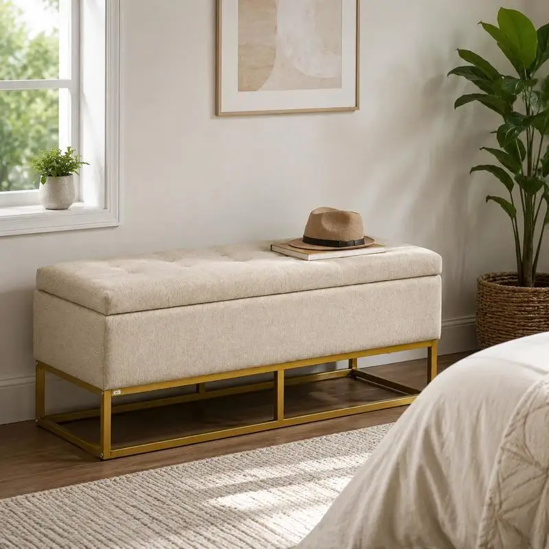 Banc banquette coffre 2-en-1 110 x 44 x 48 cm, assise capitonnée moelleuse et épaisse, fermeture silencieuse, pieds en acier antidérapants, cloison modulable, beige et doré, grand rangement, adapté à l'entrée, au salon, à la chambre, au balcon et au patio intérieur
