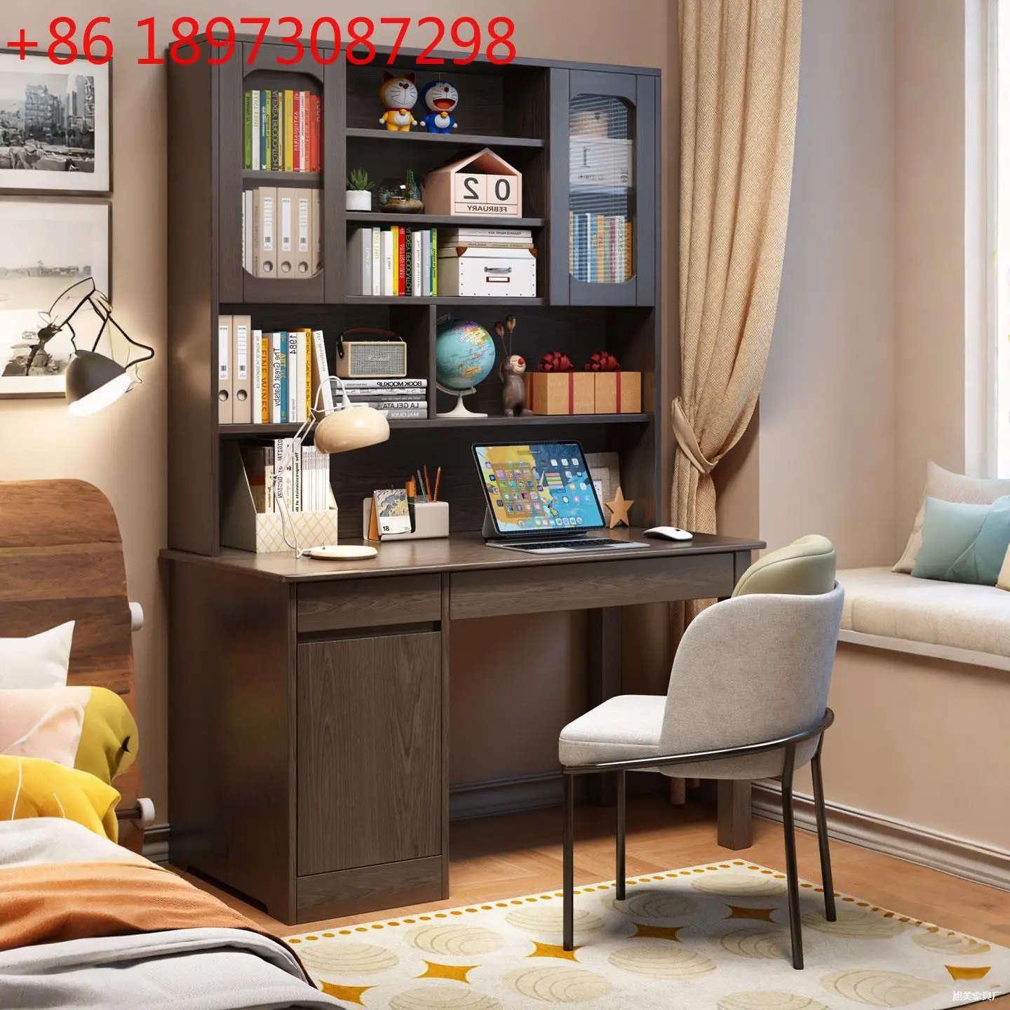 

Ash wood computer desk integrated bookshelf office bedroom table with drawers