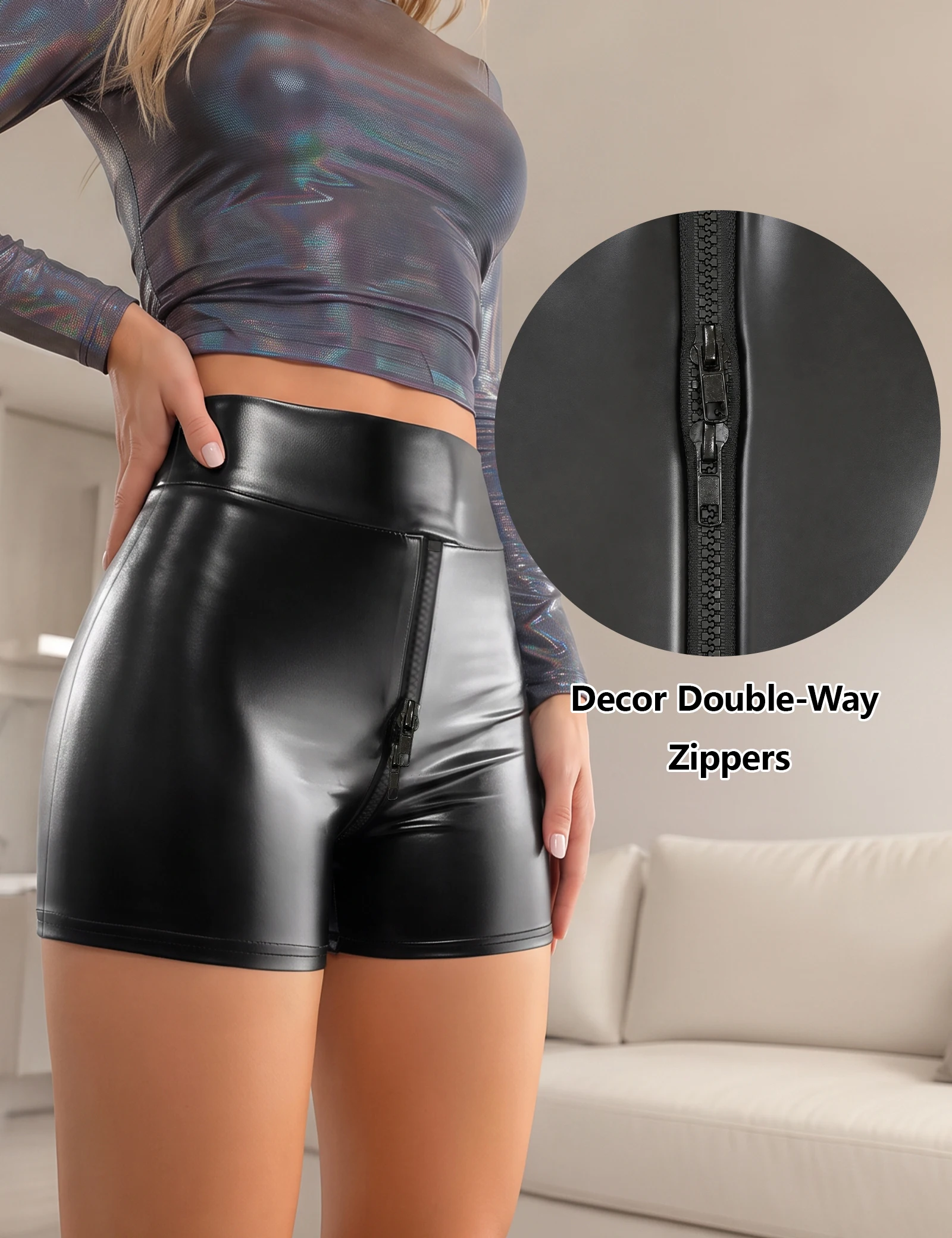 Damen Matte Stretch Kunstleder Slim Open Crotch Zip Sexy Shorts Damen Kunstlatex Bodycon Sexy PU Kurze Hosen Neu – Detail 6