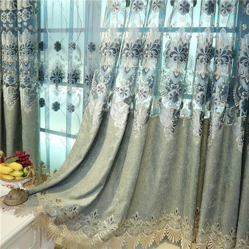 

American High-end Luxury Hollow Half Blackout Elegant Embroidery Window Curtains for Living Dining Room Bedroom Villa Study Home