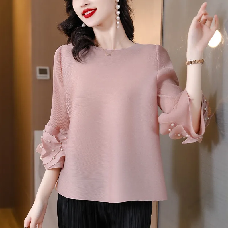 ハイエンドプリーツフレアスリーブラウンドネックルーズファッションTシャツレディースビーズカジュアルトップポリエステル春夏新作