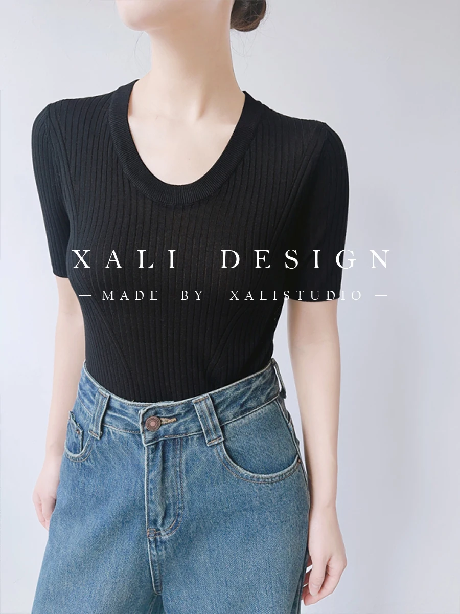 

Bla Silk V-ne T-irt Women's Summer ort Sve Thin Knitted Design Sense Top Slimming Body Design Simple Sle Pure Color