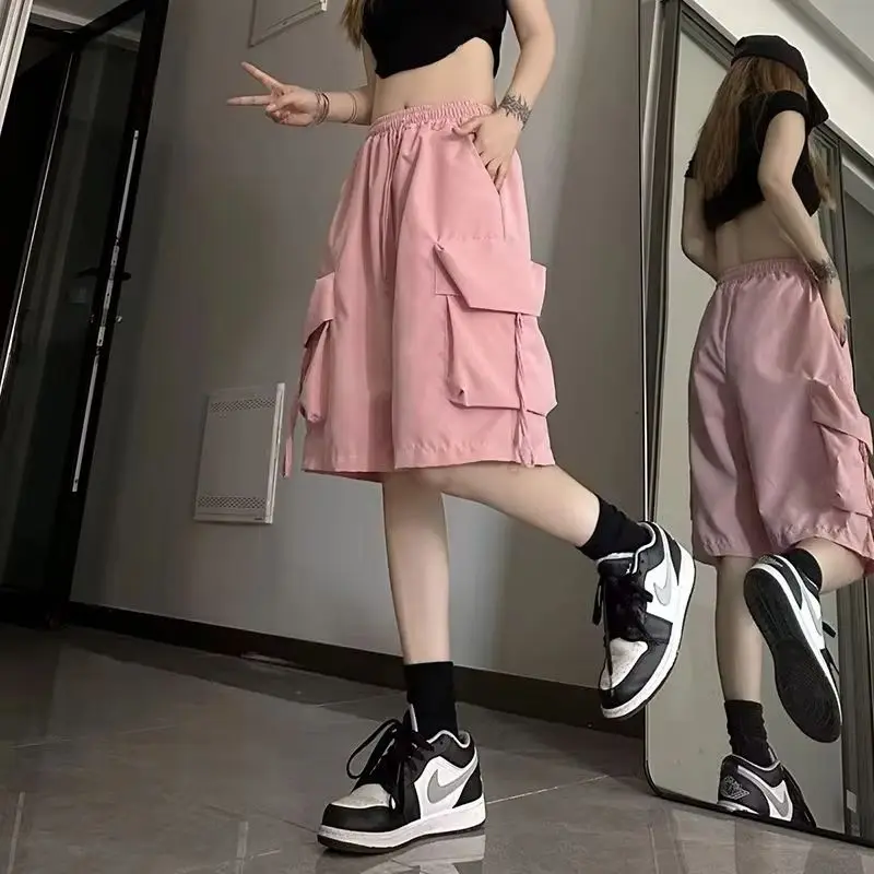 2026 Women High  Fashion Female Big Pocket Loose Shorts New Waist Cargo Shorts American Style Streetwear Summer Wide Leg Pants