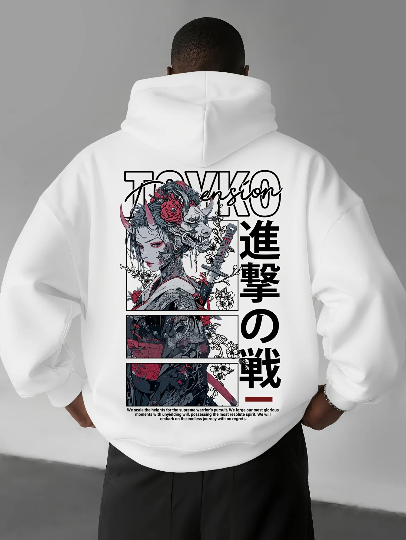 Japanese Anime Samurai Tokyo Letter Print Men Women Hooded Sweatshirt Autumn Winter Daily Vacation Fitness Loose Warm Sportswear