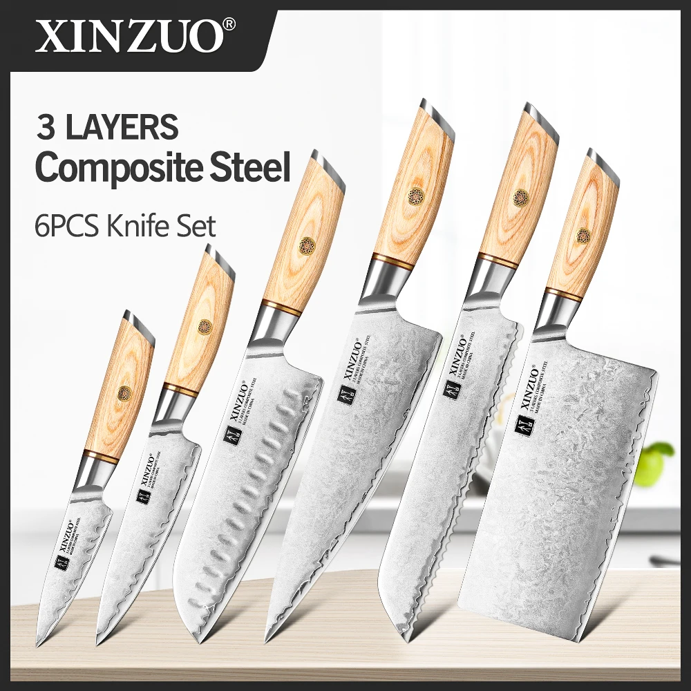 XINZUO Kitchen Chef 6Pcs Set Knife Clad Steel Stainless Steel Chef Slicing Cutter Santoku Cleaver Knives Original Design