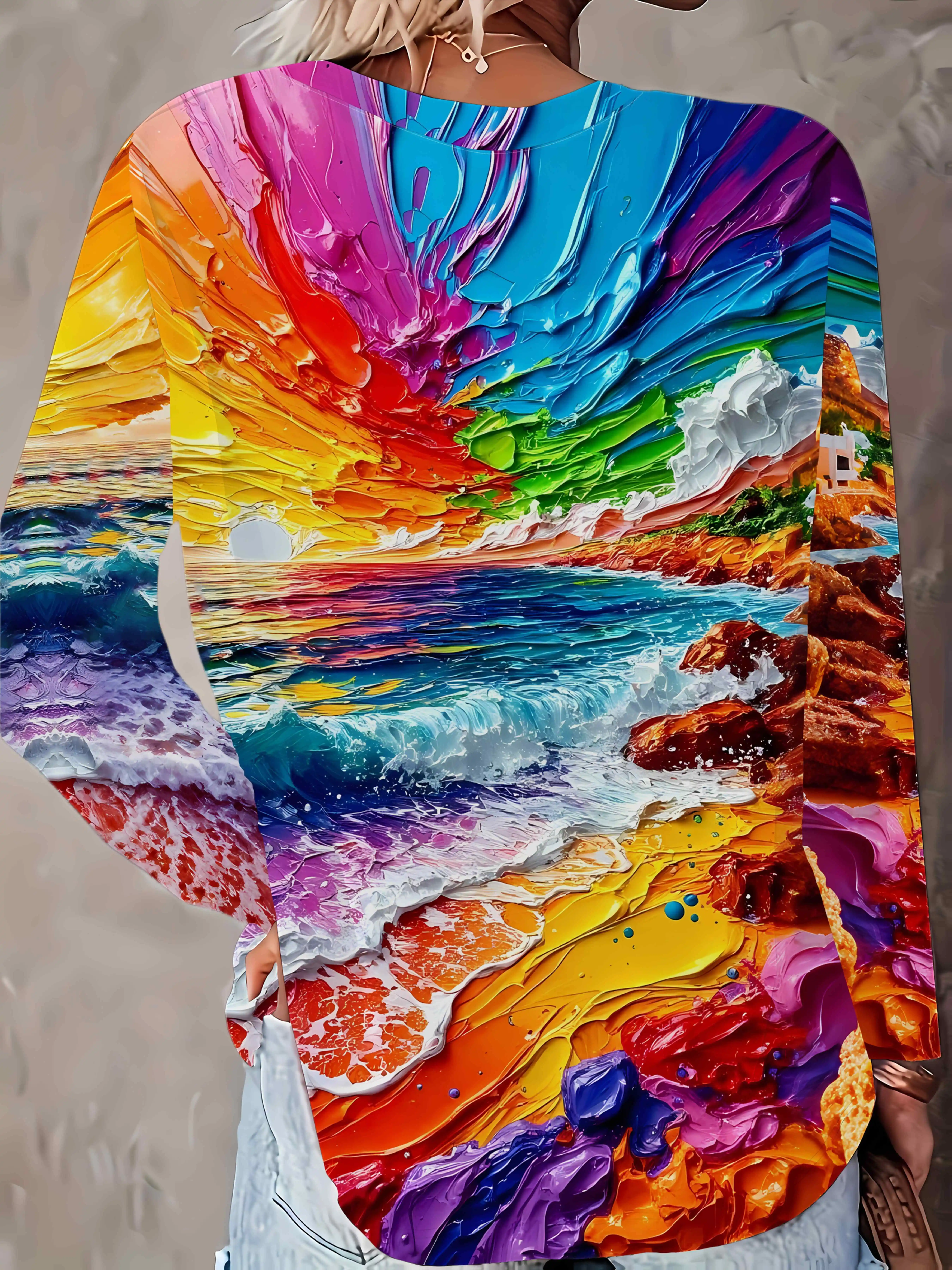 Women's Oil Painting Print Sweatshirt Colorful Seascape Sunset Ocean Wave Long Sleeve Crew Neck Casual Pullover Artistic Top - view 3