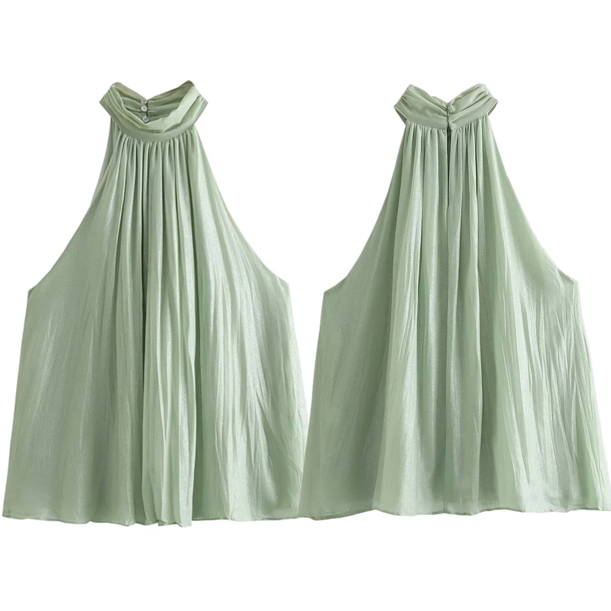 

Withered Summer Light Green Elegant Tank Tops Blouse Women Nordic Minimalist Fashion Ladies Chiffon Sleeveless Shirt For Women