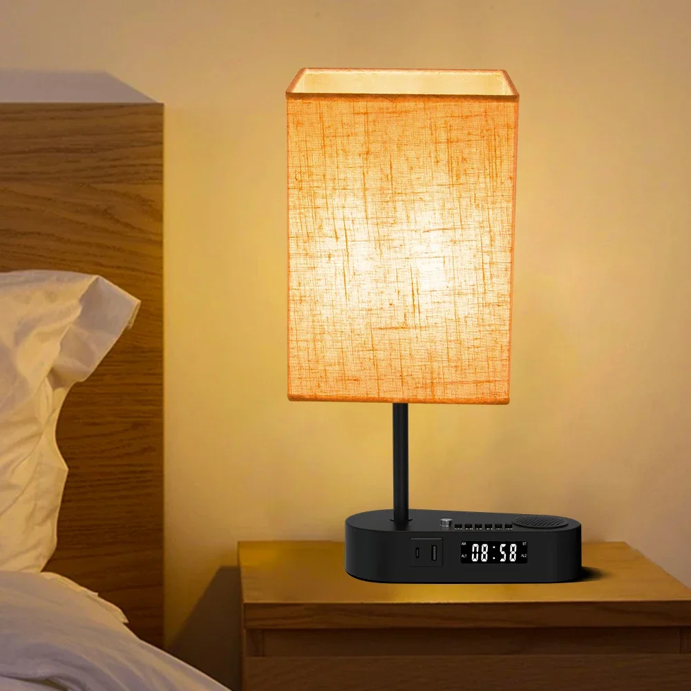 Pop Bedside Table Lamp With Bluetooth And Alarm Clock Function Fabric Music Player Table Lamp Three Color Adjusted For Living Ro
