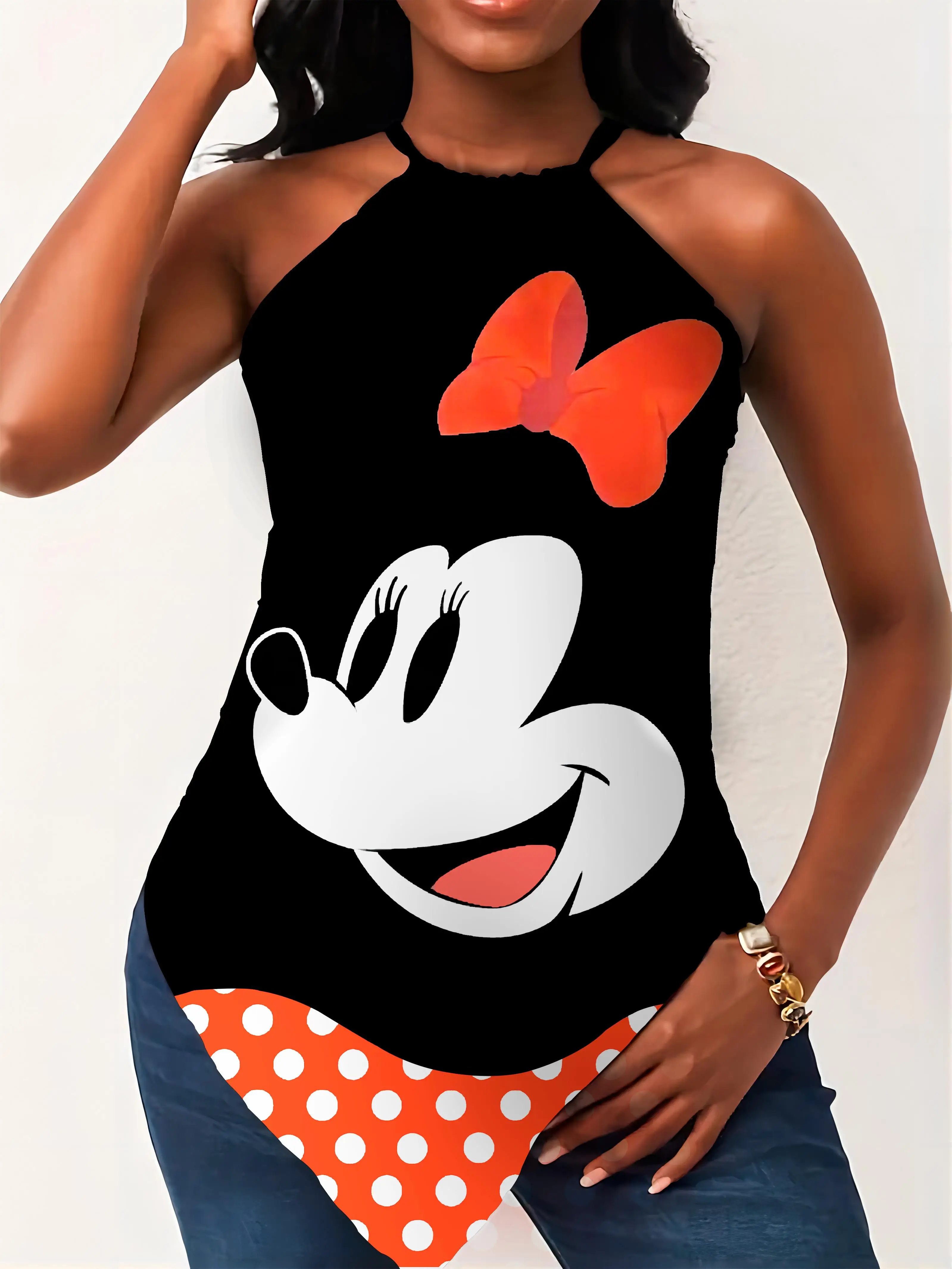 Sleeveless T-shirt Halter Top Disney Mickey Summer Short Sleeve Minnie Mouse Crew Neck Y2k Women's Sumer Clothes Hanky Hem 2024