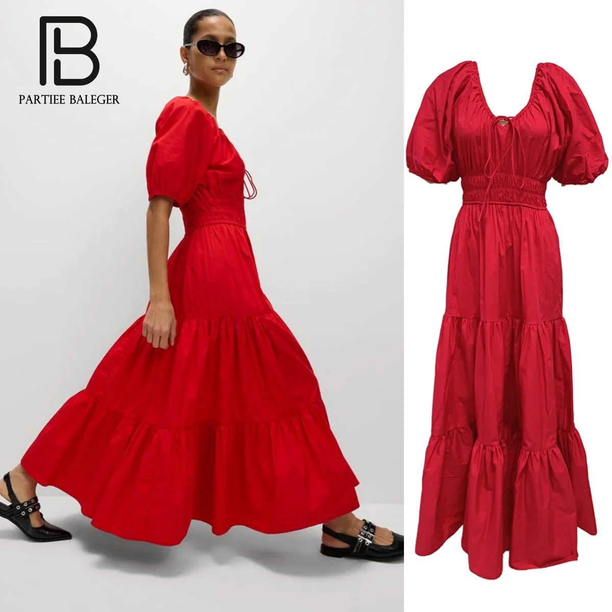 

PB 2025 Summer Stylish Red V-Neck Puff - Sleeve Maxi Dress with Smocked Waist for Summer Parties & Casual Outings
