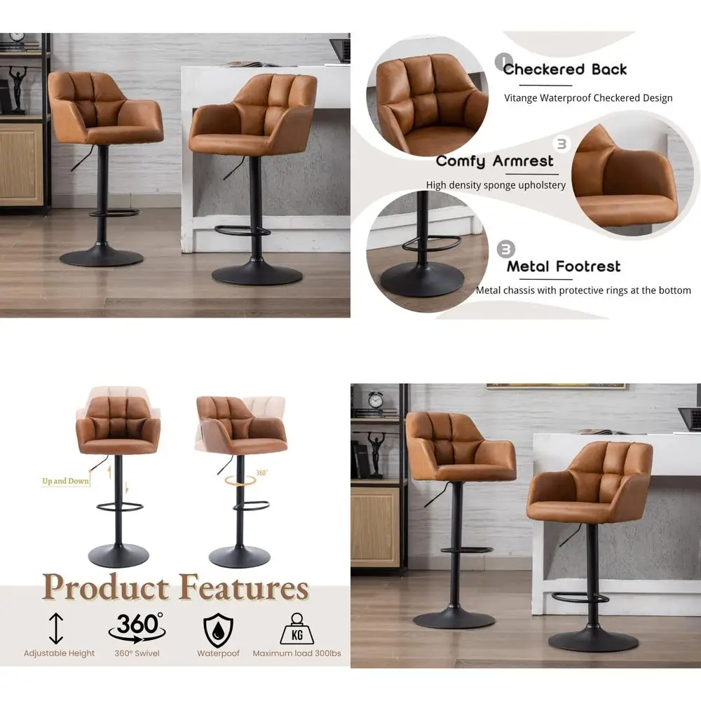 

Leather Swivel Bar Stools Set - 2 Piece Counter Height Chairs with Backrest and Armrests, Adjustable Height