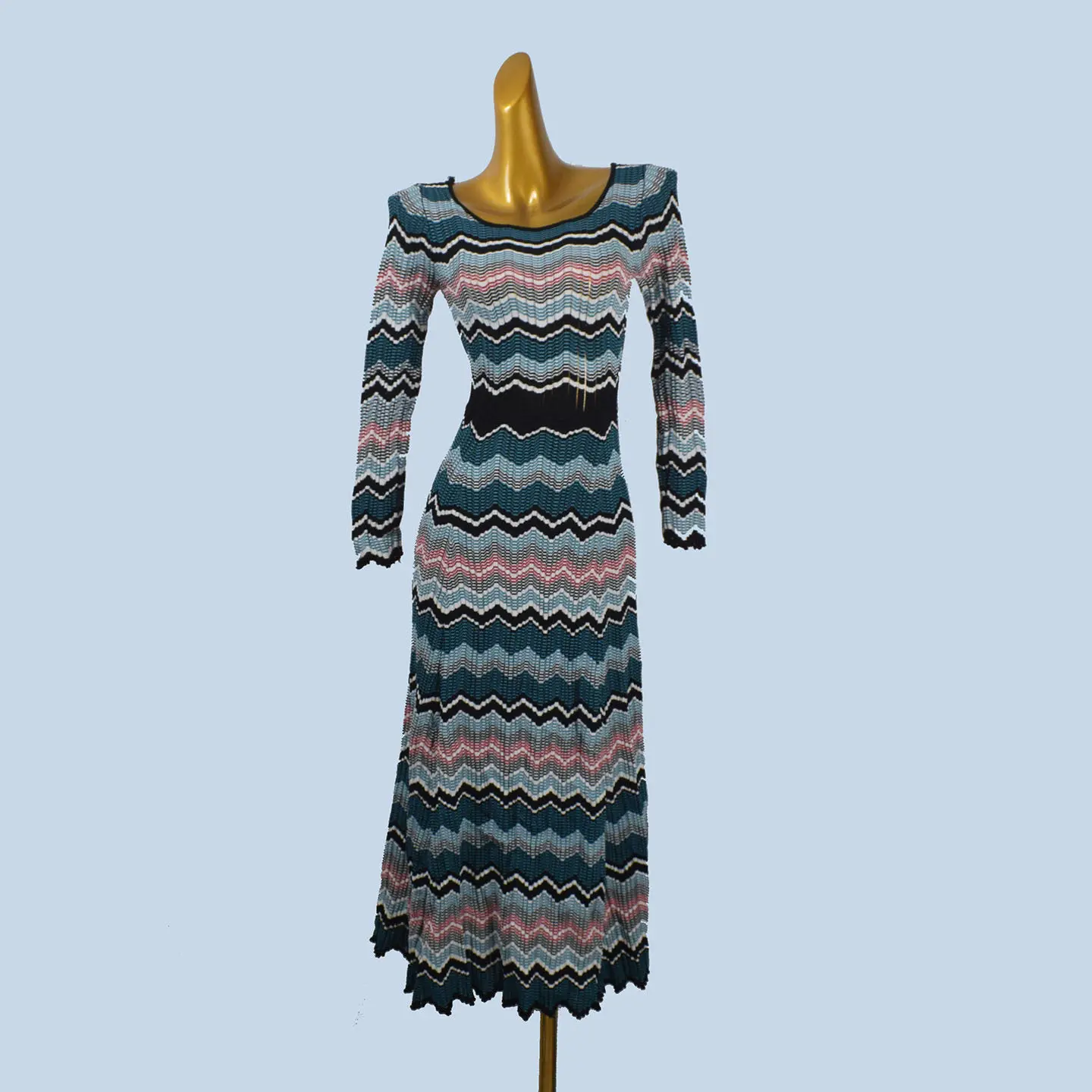 

Micosoni High-Quality Bohemian Color Block Wave Stripe Slimming Long Sleeve A-Line Maxi Dress with Beaded Knit for Women