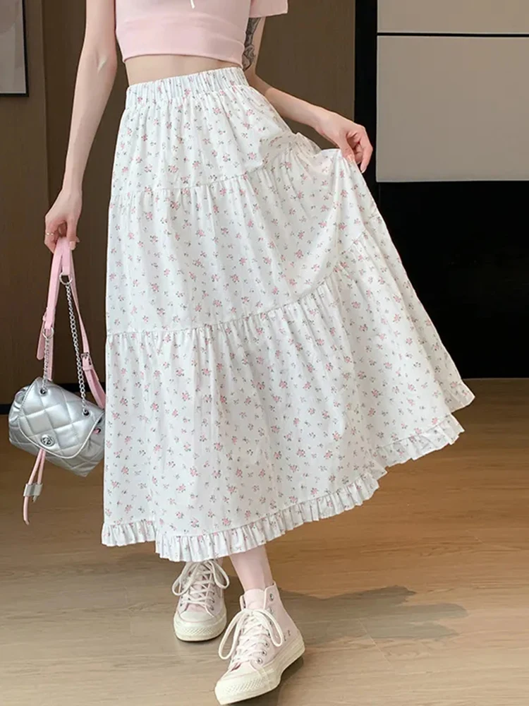 Jmprs Floral Ruffles Sweet Long Skirts Women Vintage Elegant High Waist French Skirt Casual Loose Preppy Style Retro Lady Skirt