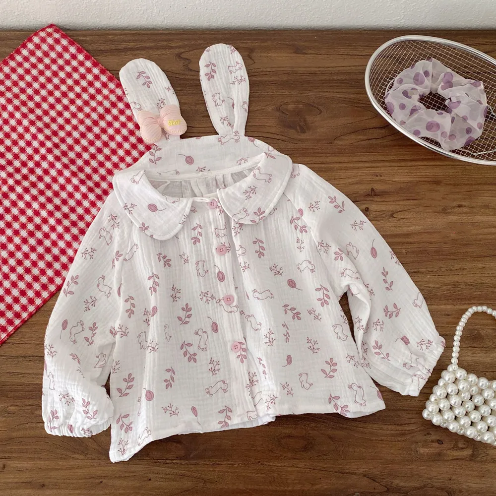 Autumn New Product Doll Shirt baby girl clothes kids cotton tops Cartoon bunny ear shaped collar girl shirts
