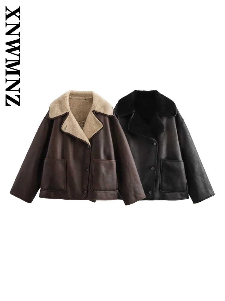 XNWMNZ 2024 Autumn Woman Casual Pockets Turn-down Collar Single-breasted Jacket Female Vintage Solid Color Long Sleeve Top Coat